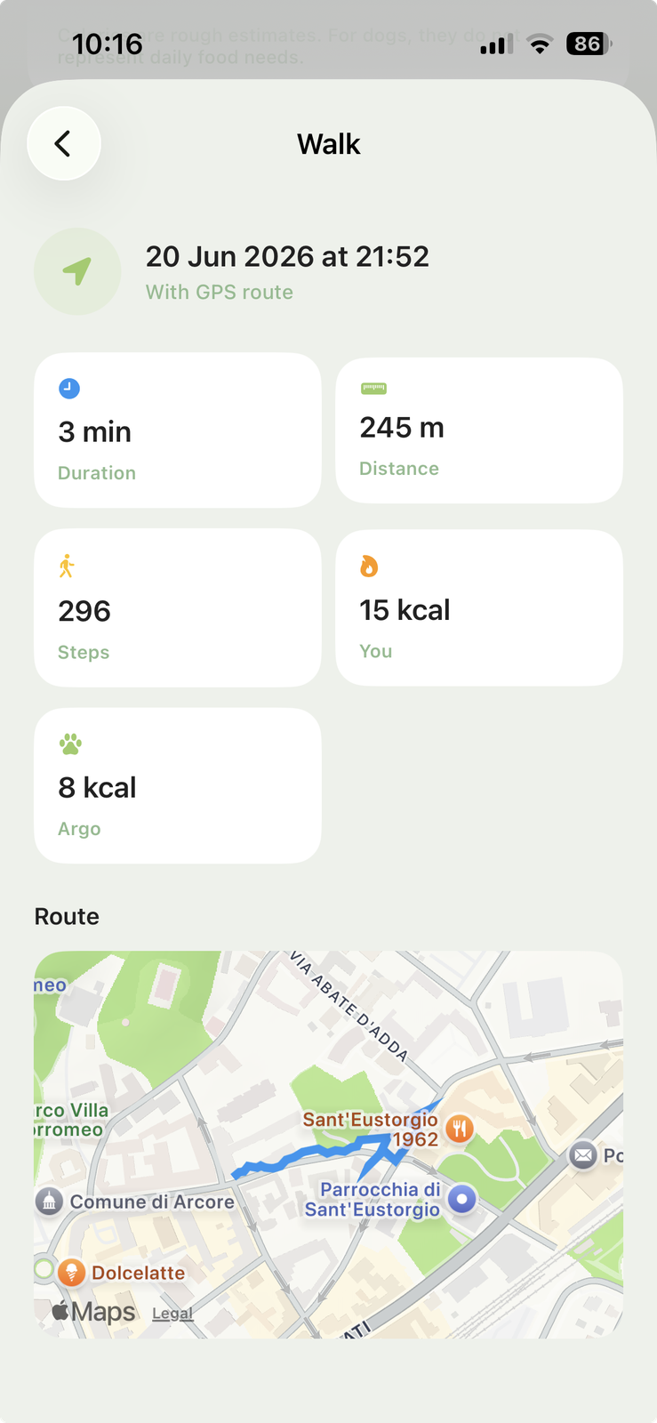 Walk summary with GPS route in HeyArgo