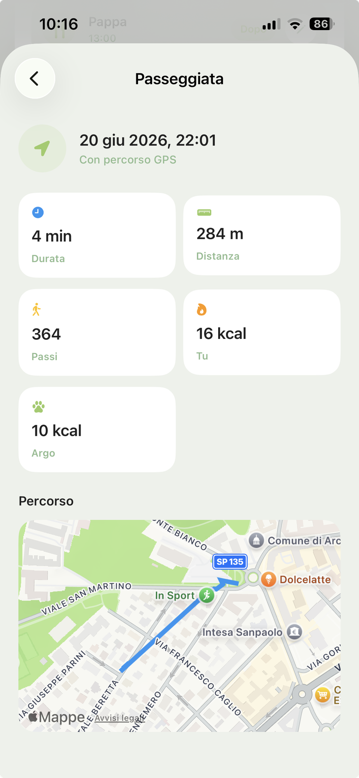 Riepilogo passeggiata con percorso GPS in HeyArgo